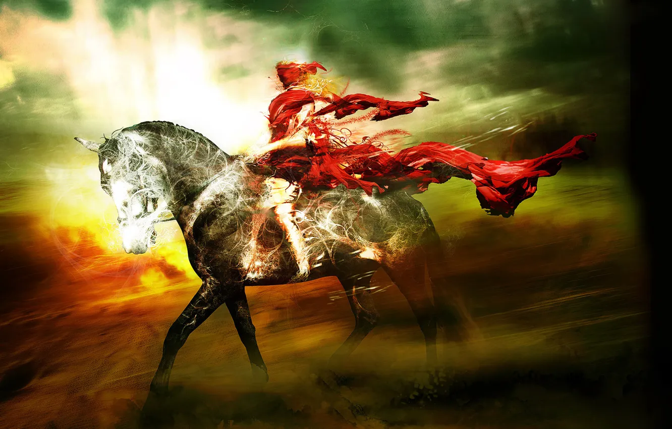 Photo wallpaper the sky, light, clouds, horse, the wind, Wallpaper, horse, rider