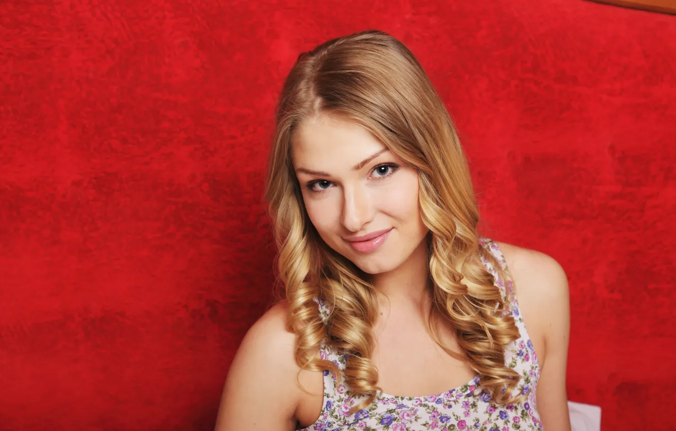 Photo wallpaper woman, young, smile, beautiful, blonde, looking, natural, curls