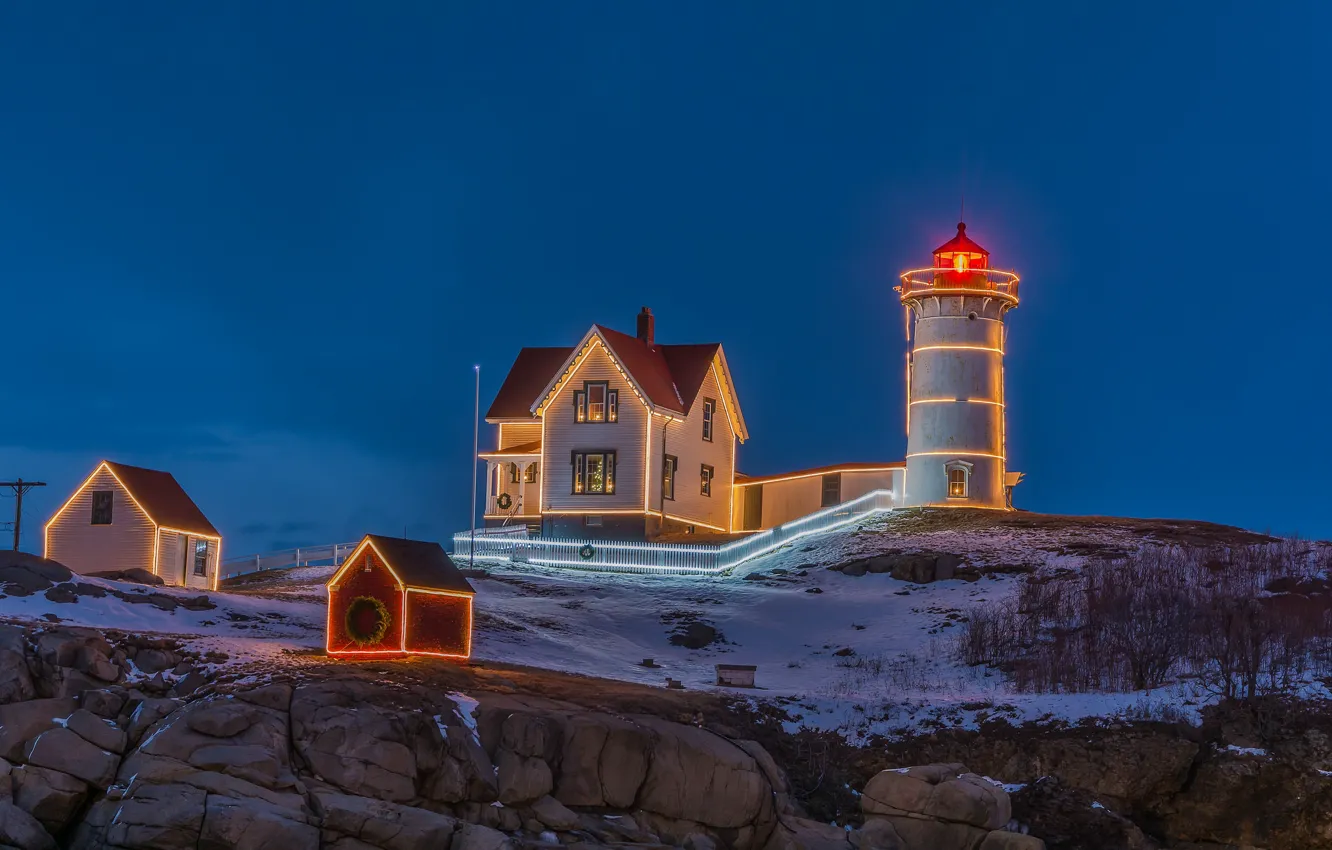 Photo wallpaper lights, lighthouse, the evening, house