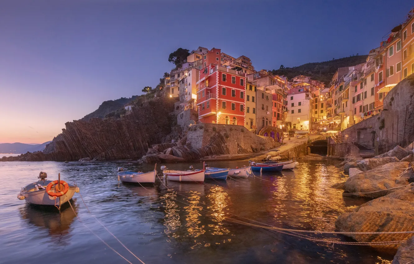 Photo wallpaper sea, sunset, stones, rocks, shore, boat, home, the evening