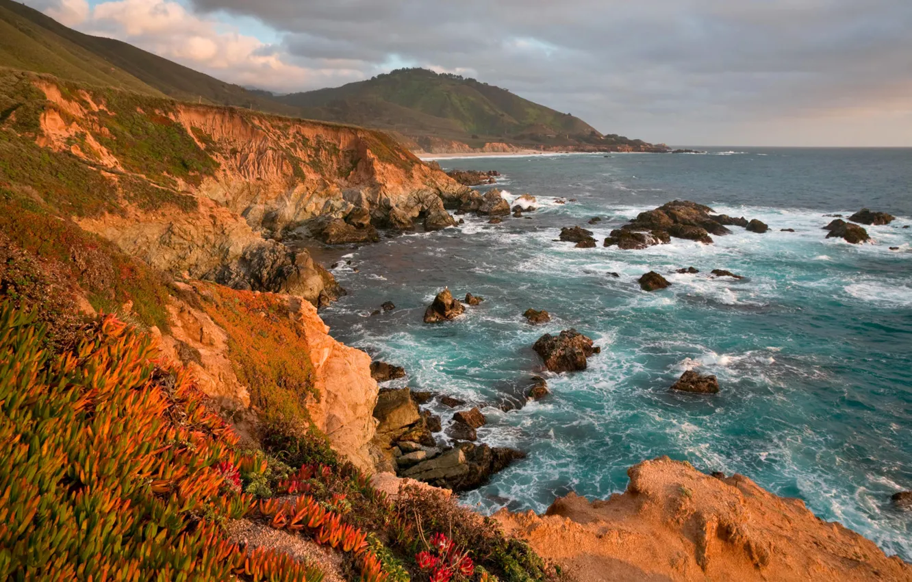 Photo wallpaper sea, the sky, clouds, mountains, stones, rocks, plant
