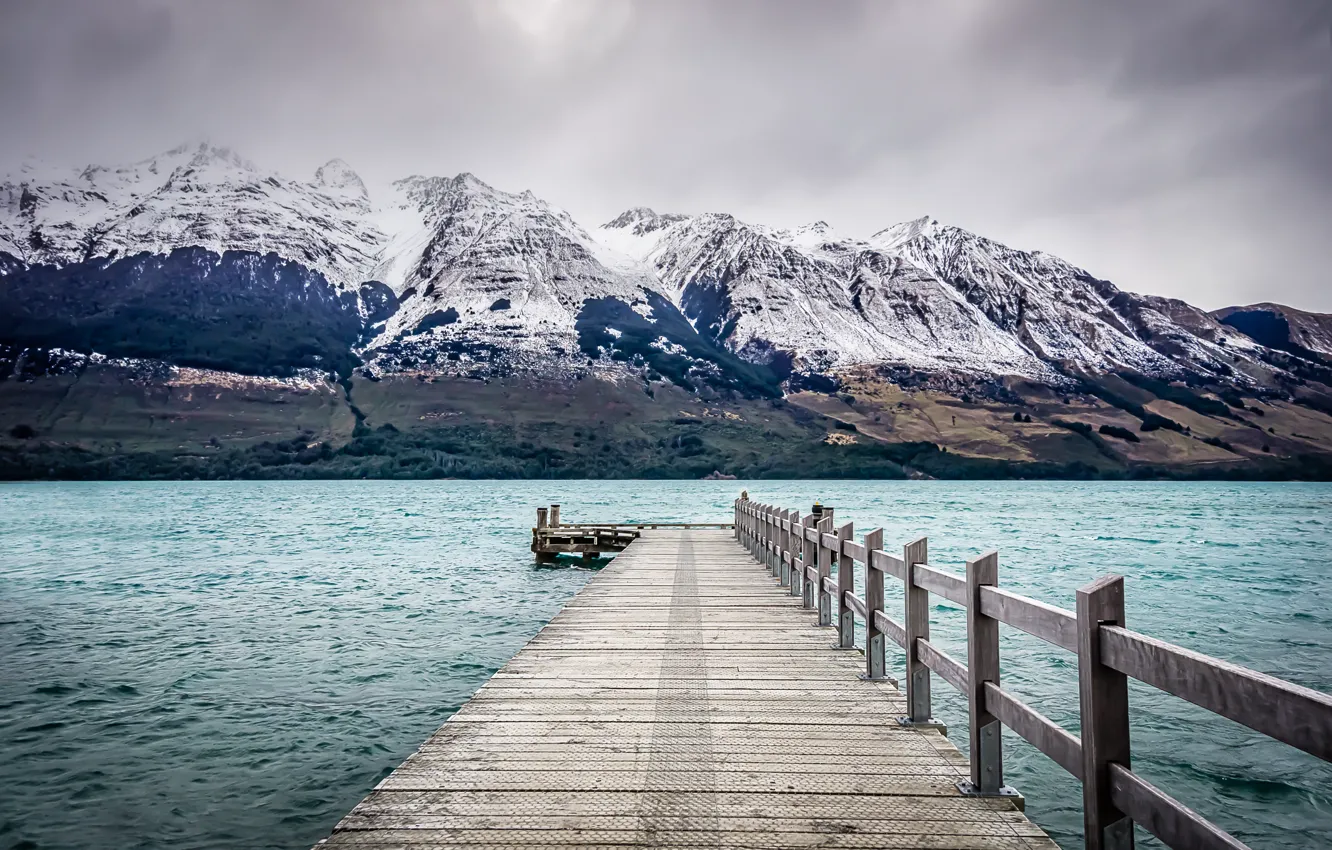 Photo wallpaper the storm, mountains, lake, pier, New Zealand, they say, gray clouds, Glenorchy