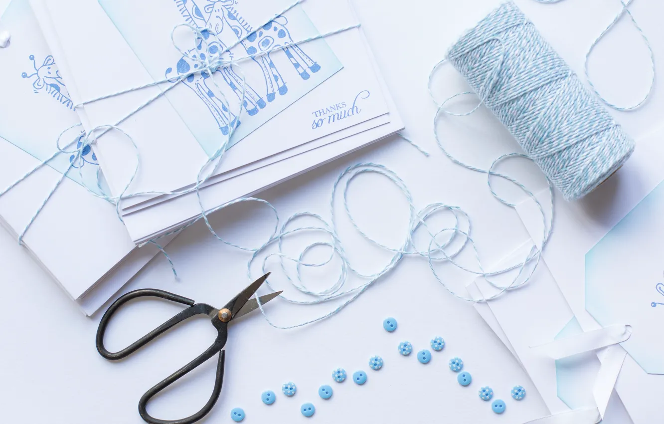 Photo wallpaper blue, buttons, thread, scissors