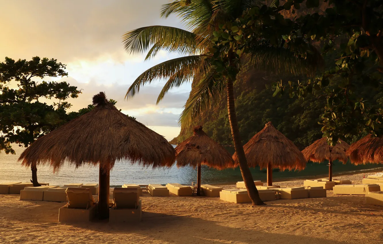 Photo wallpaper beach, palm trees, the ocean, umbrellas, Caribbean, mountain Piton, St. Lucia