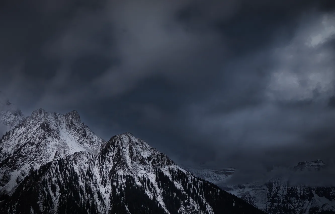 Photo wallpaper winter, the sky, snow, trees, mountains, night, clouds, nature
