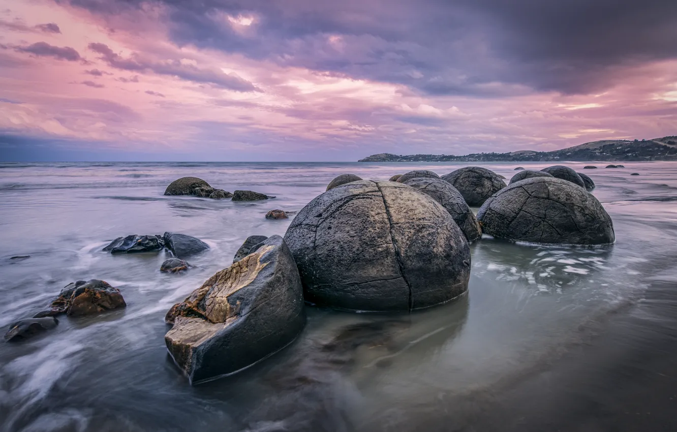 Photo wallpaper beach, the sky, stones, the ocean, dawn, horizon