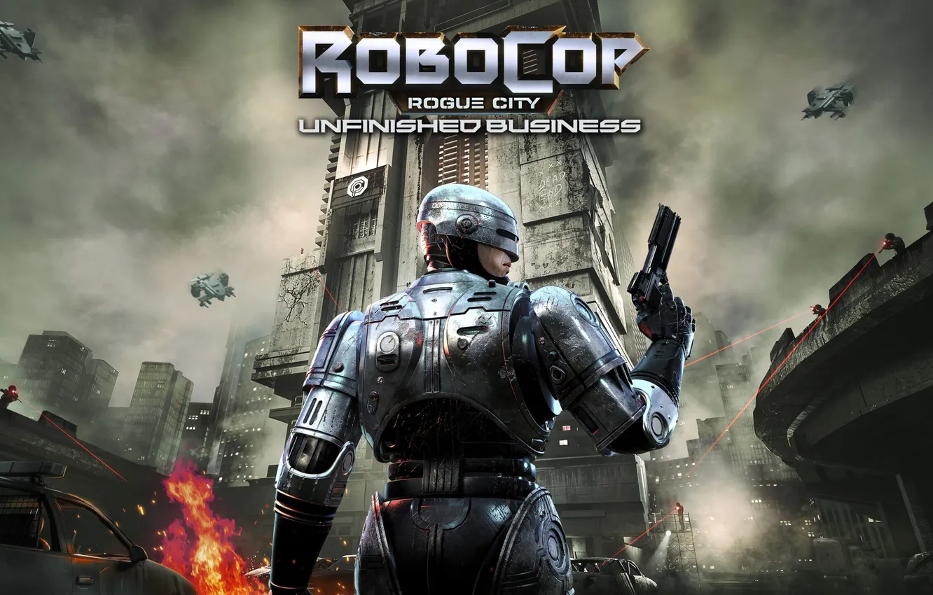 Photo wallpaper city, tower, chaos, cyborg, RoboCop, RoboCop: Rogue City - Unfinished Business