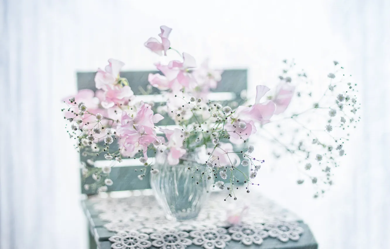 Photo wallpaper light, flowers, sprig, tenderness, bouquet, blur, window, chair