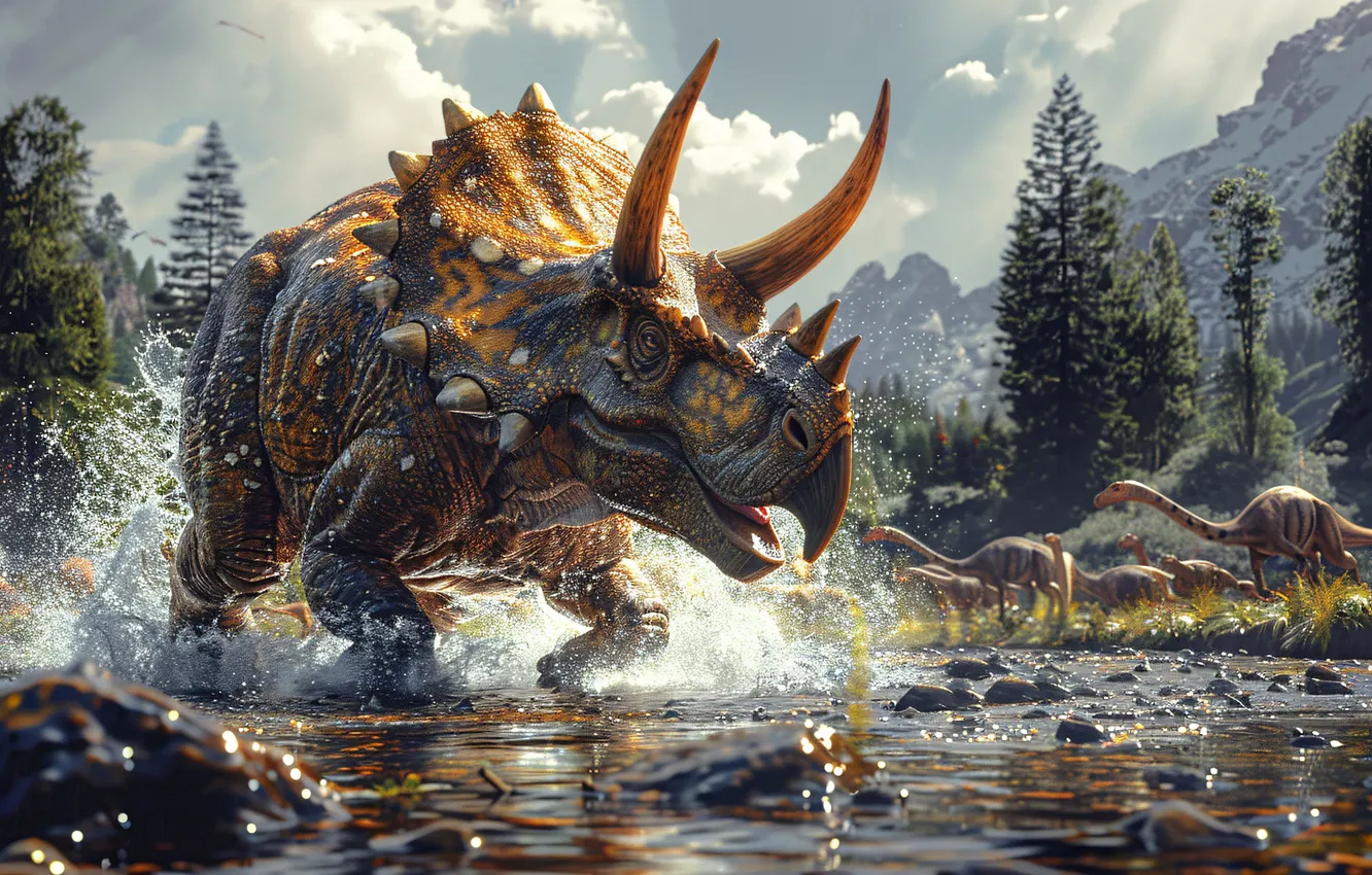 Photo wallpaper water, trees, squirt, animal, dinosaur, horns, Triceratops, digital art