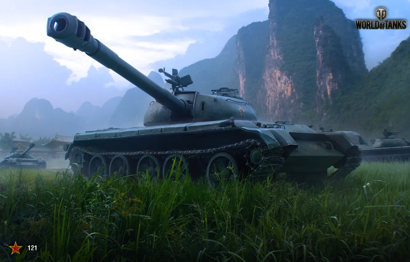 Photo wallpaper The sky, Clouds, Mountains, Grass, Building, China, Tanks, WoT