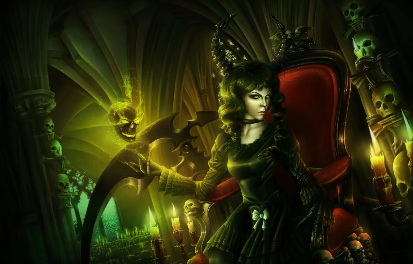 Photo wallpaper girl, weapons, skull, candles, art, braid, black rock shooter, the throne