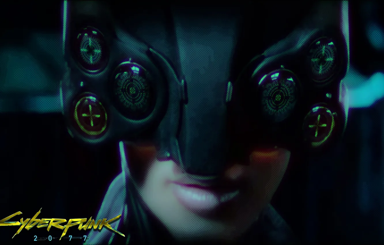 Photo wallpaper girl, face, the inscription, the game, lips, helmet, Cyberpunk 2077
