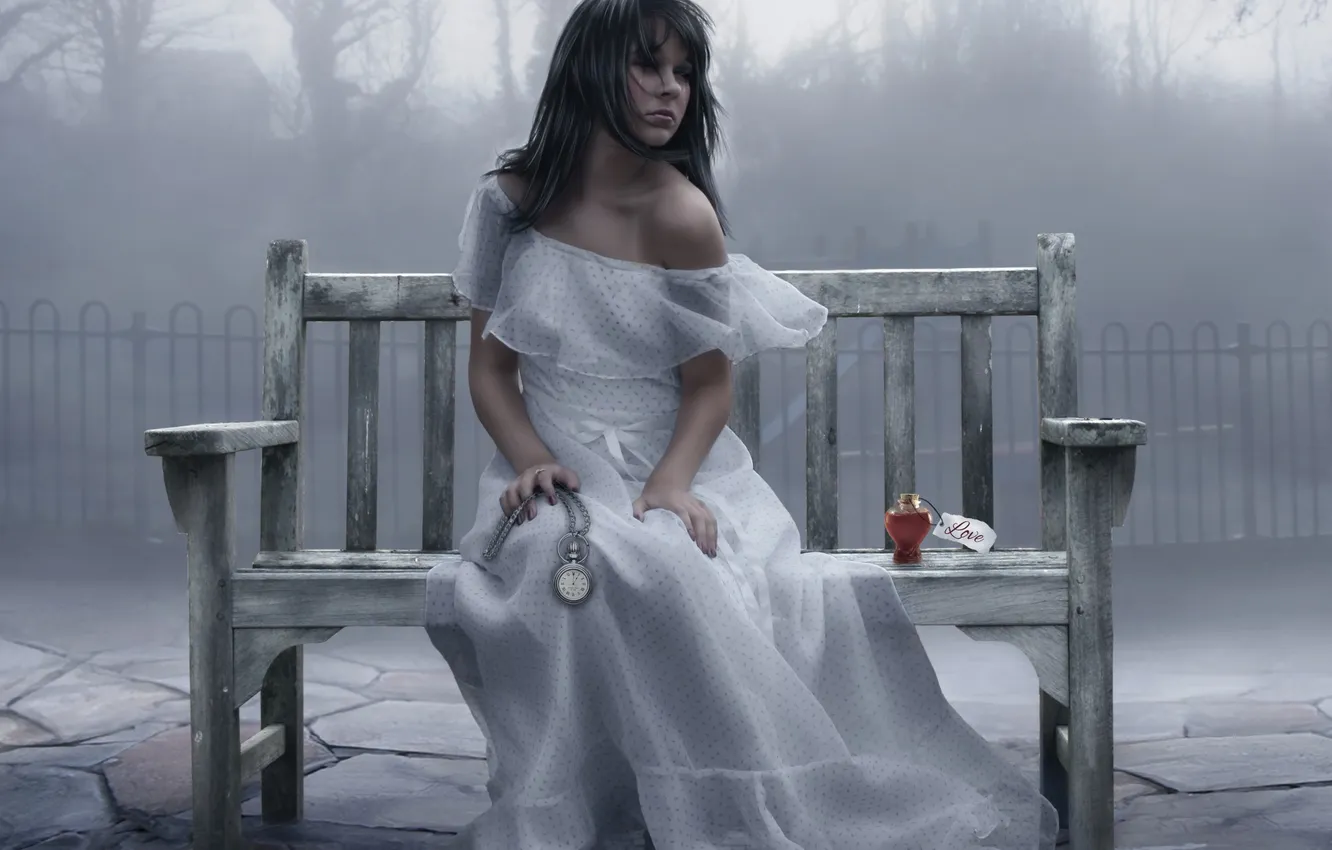 Photo wallpaper girl, bench, fog, tears, waiting