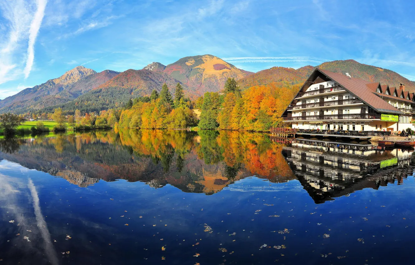 Photo wallpaper autumn, mountains, nature, lake, house, reflection