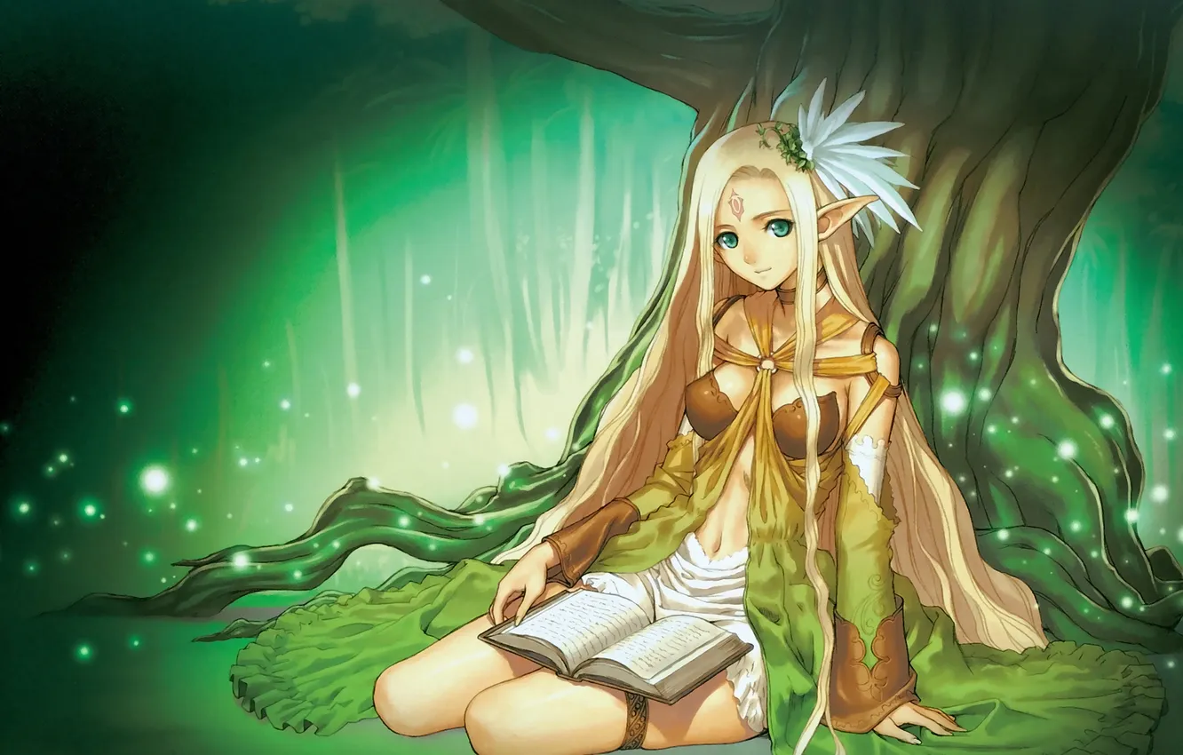 Photo wallpaper forest, girl, trees, elf, sparks, book, taka tony