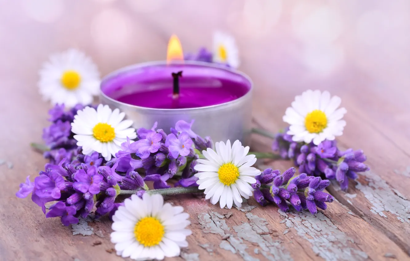 Photo wallpaper flowers, candles, petals, lavender