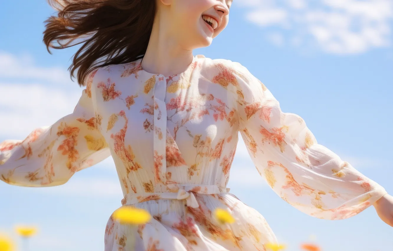 Photo wallpaper girl, joy, happiness, flowers, smile, hair, dress, digital art