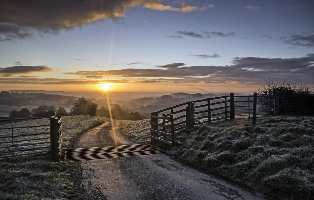 Photo wallpaper road, landscape, sunset, the fence, gate