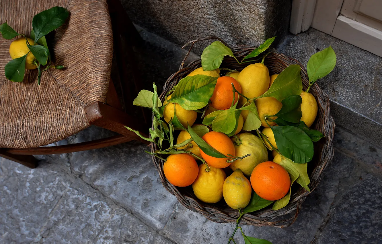 Photo wallpaper lemon, orange, chair, fruit