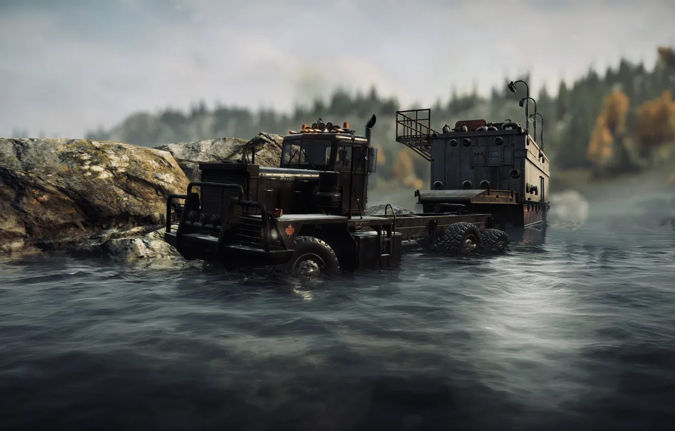 Photo wallpaper HDR, game, river, wood, water, rocks, truck, Michigan