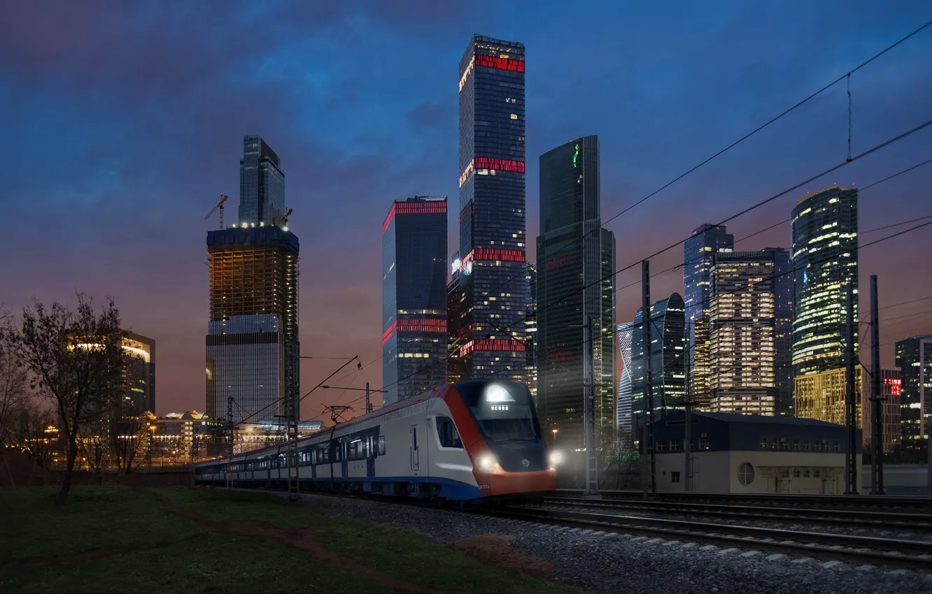 Photo wallpaper the city, building, rails, the evening, lighting, train, Moscow, railroad