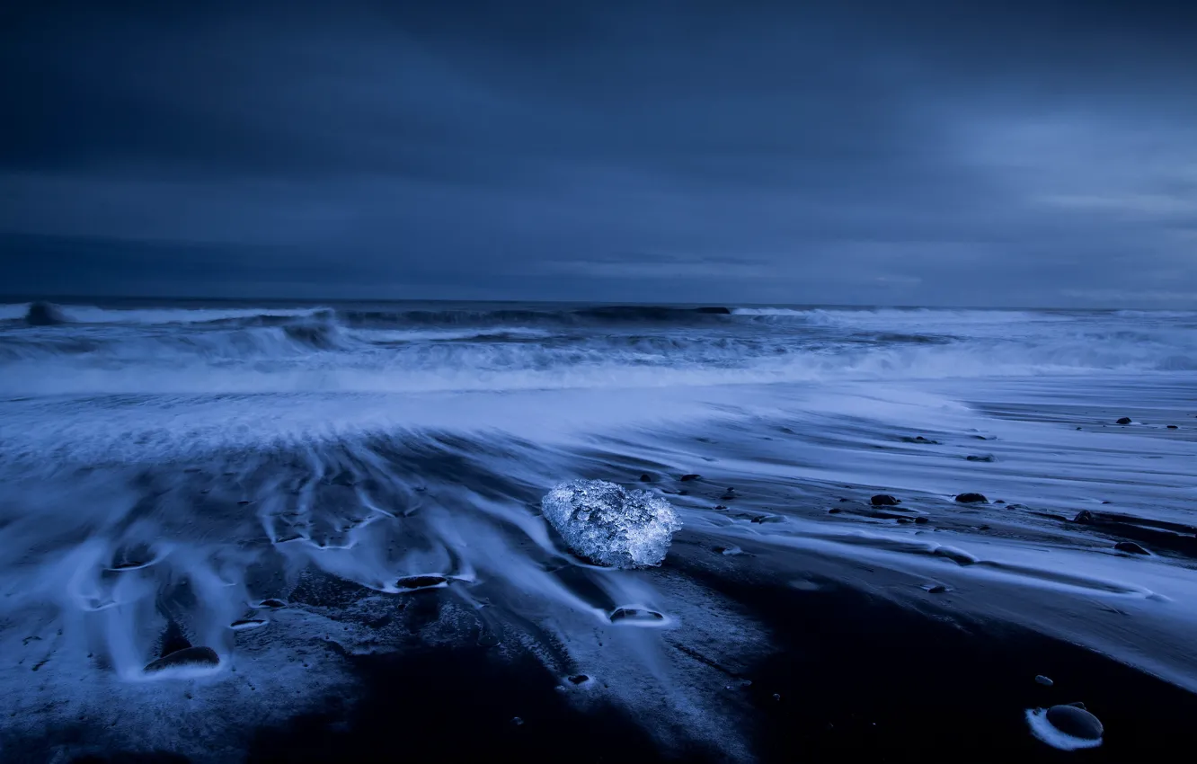 Photo wallpaper ice, winter, sea, wave, the sky, clouds, night, shore