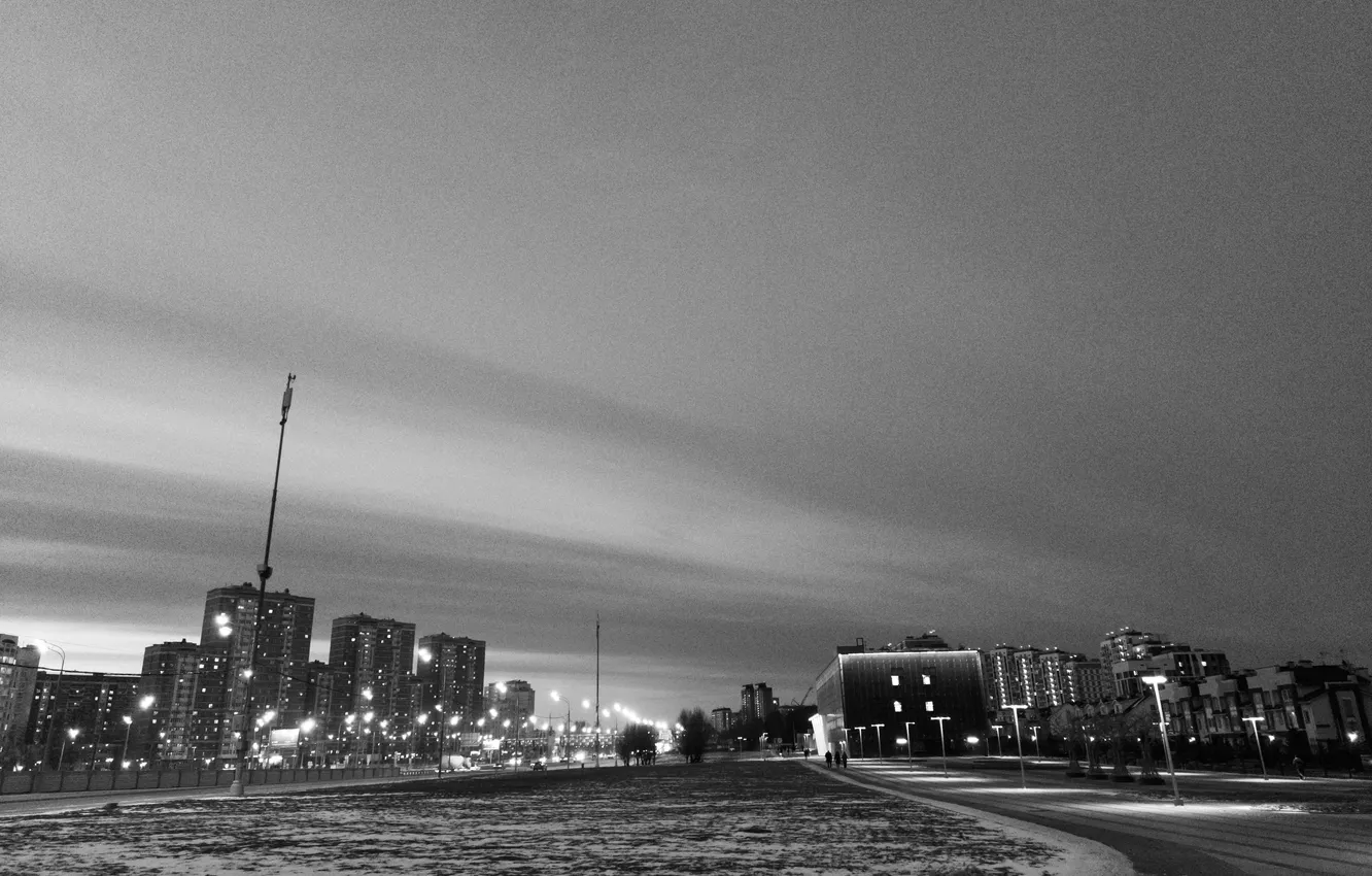 Photo wallpaper the sky, clouds, snow, building, home, spring, lights, black and white