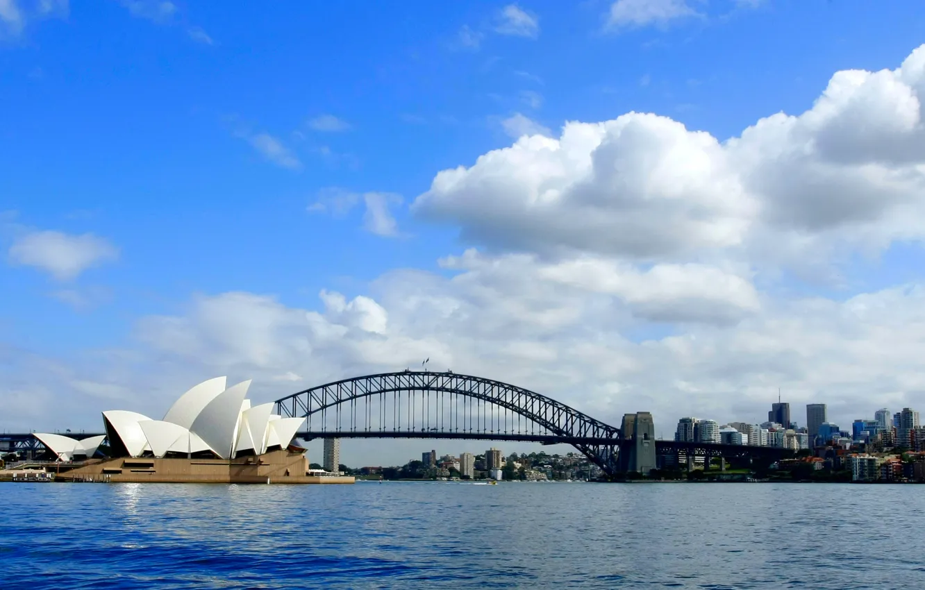 Photo wallpaper sea, the sky, clouds, bridge, the city, panorama, theatre, Sydney