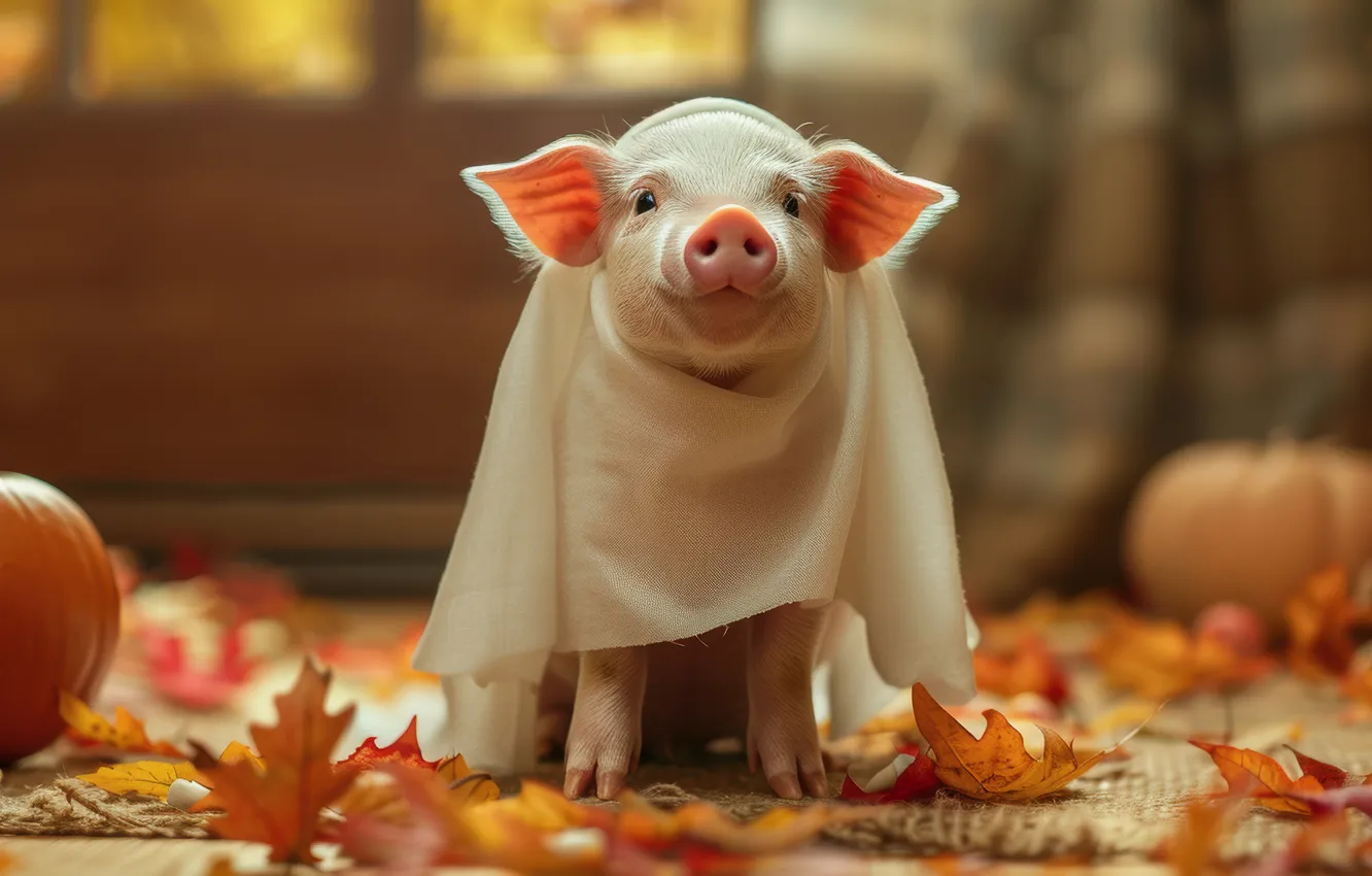 Photo wallpaper Halloween, pig, neural network, pig, look, holiday, AI art, autumn