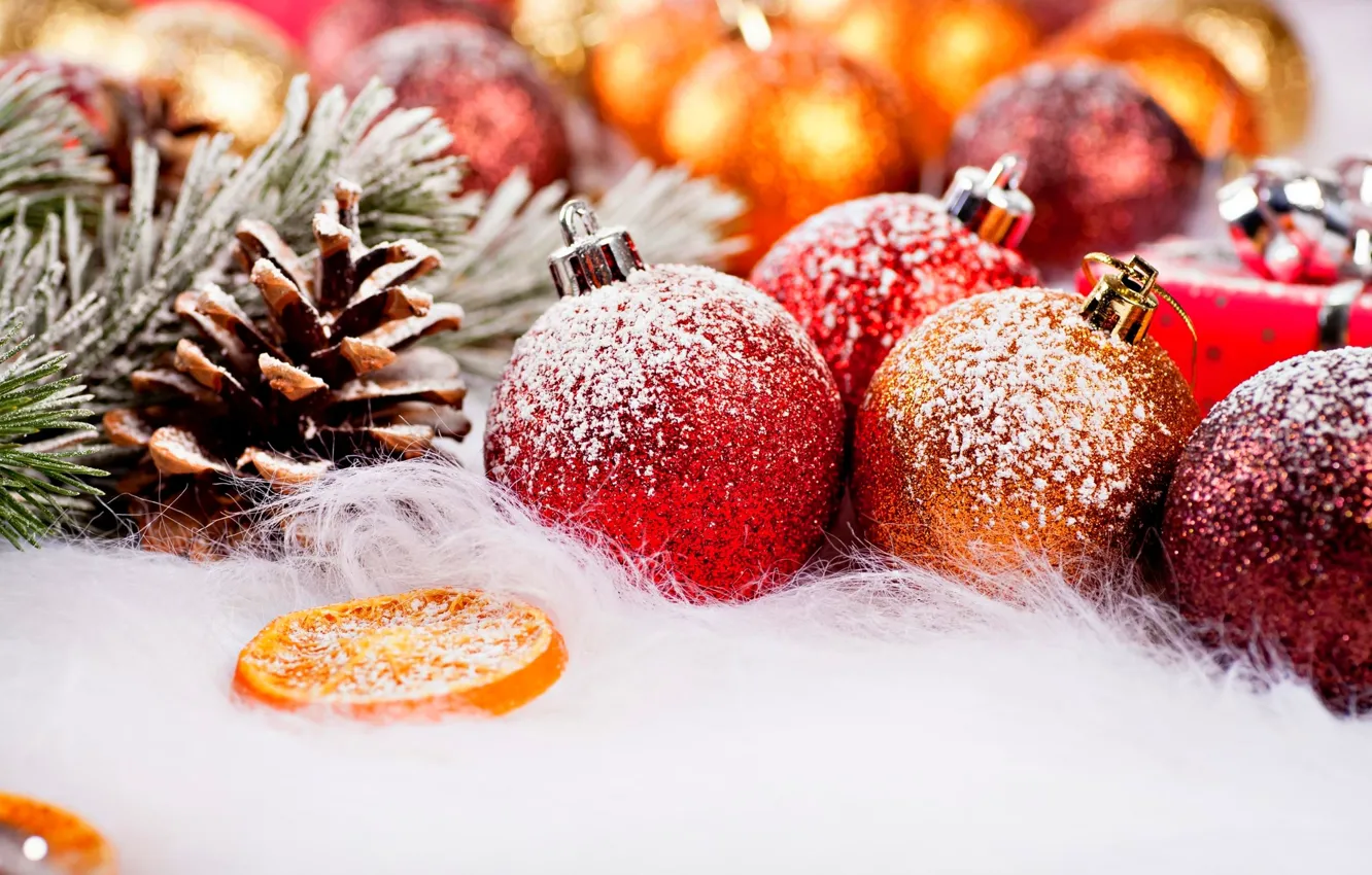 Photo wallpaper winter, snow, holiday, balls, new year, Christmas, fruit, christmas