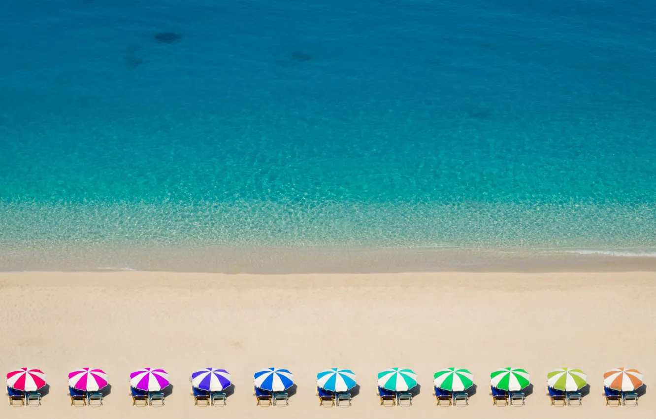 Photo wallpaper beach, Greece, Rainbow Umbrellas