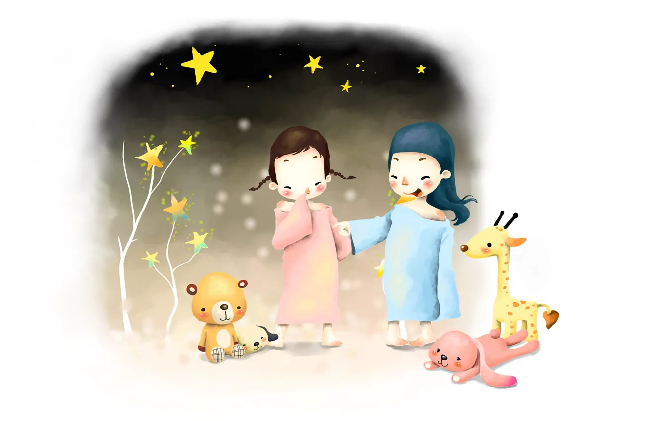 Photo wallpaper stars, children, smile, toy, figure, hare, giraffe, bear