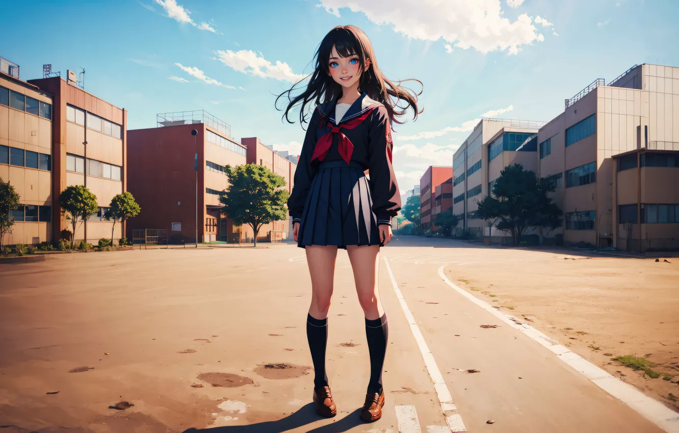 Photo wallpaper city, the city, smile, street, home, positive, anime, brunette