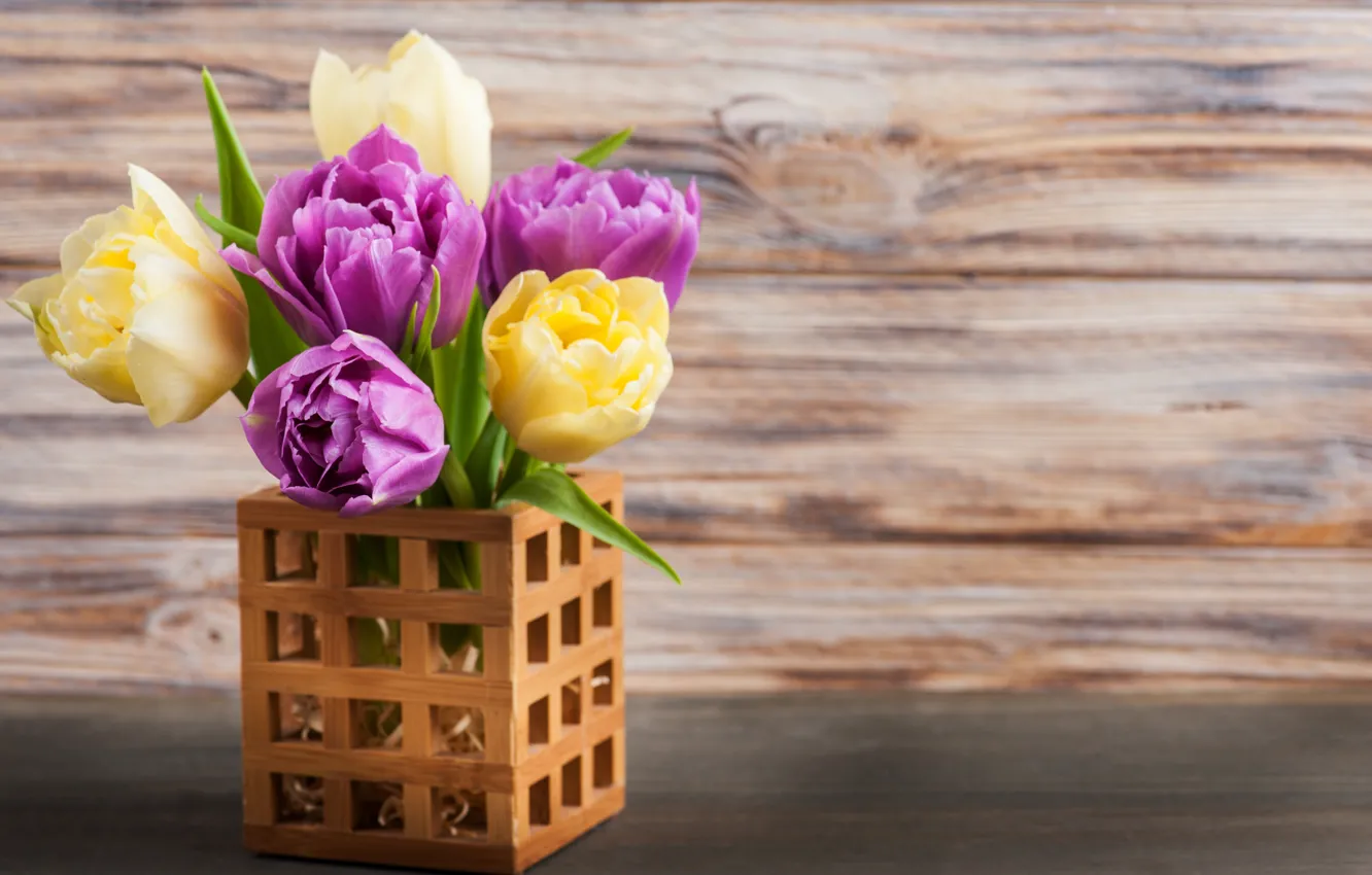 Photo wallpaper purple, yellow, table, bouquet, tulips, vase, THE OFF