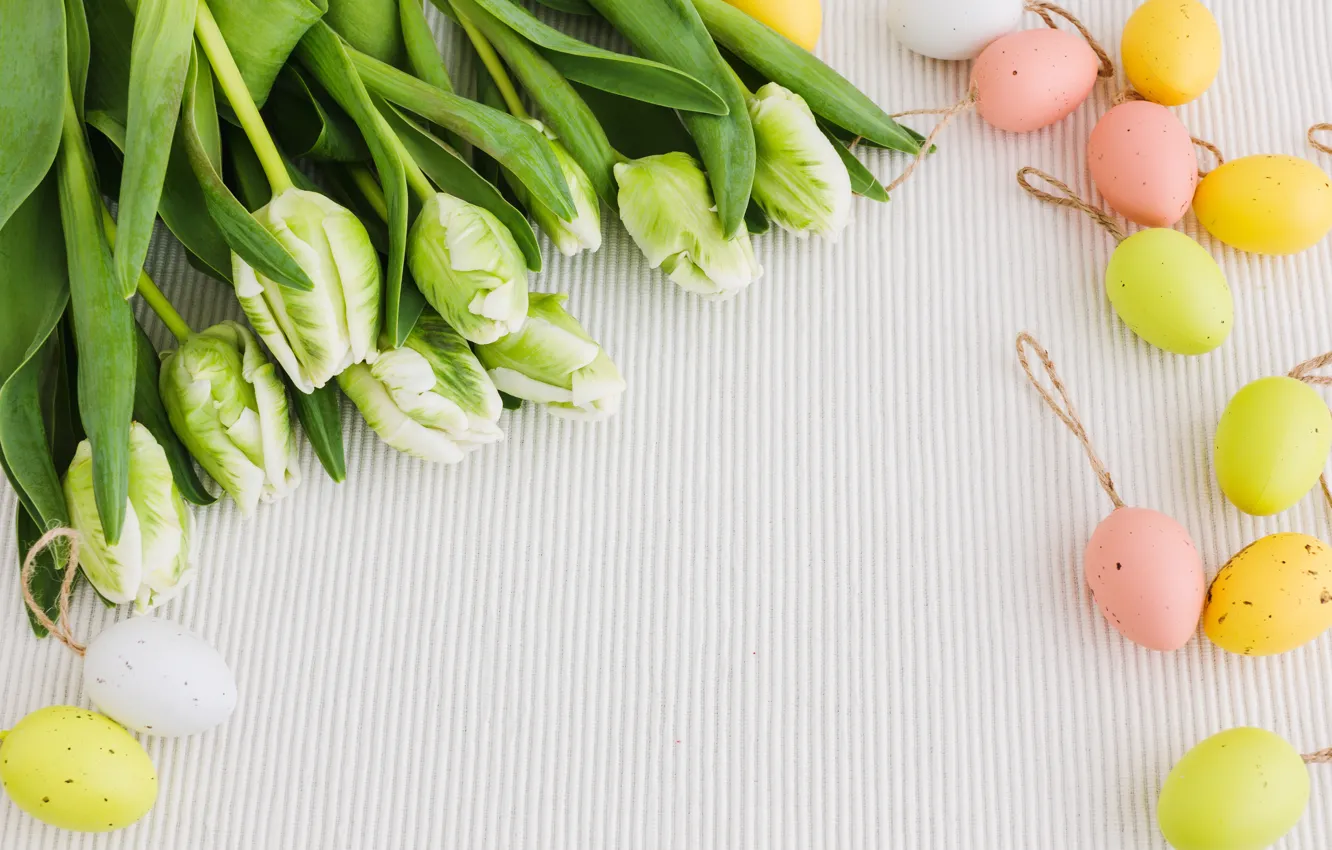 Photo wallpaper flowers, eggs, bouquet, Easter, tulips, white, wood, flowers