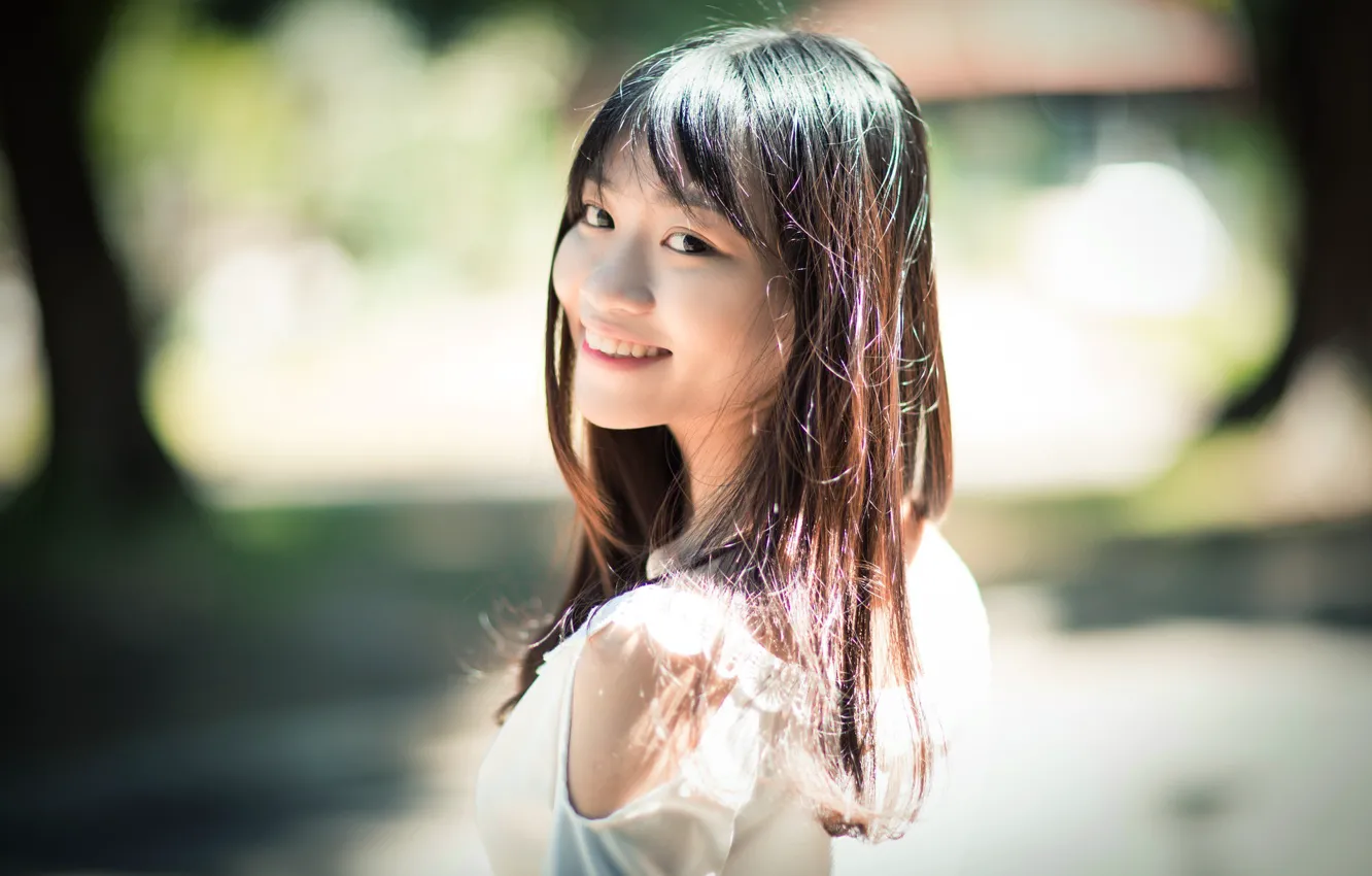 Photo wallpaper smile, portrait, Asian, brown eyes, beautiful girl, smile, blurred background, brown eyes