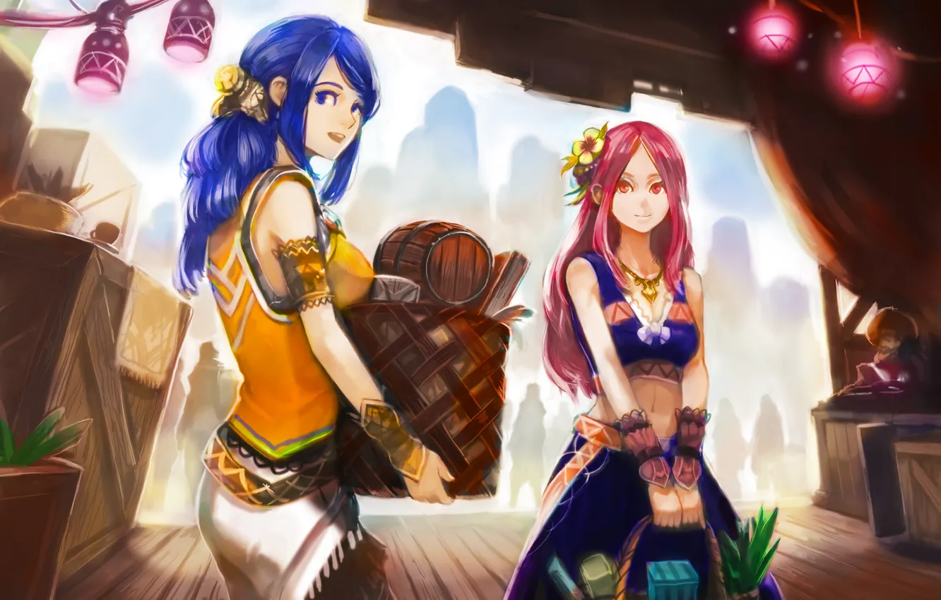 Photo wallpaper girl, smile, basket, anime, art, lights, okuto