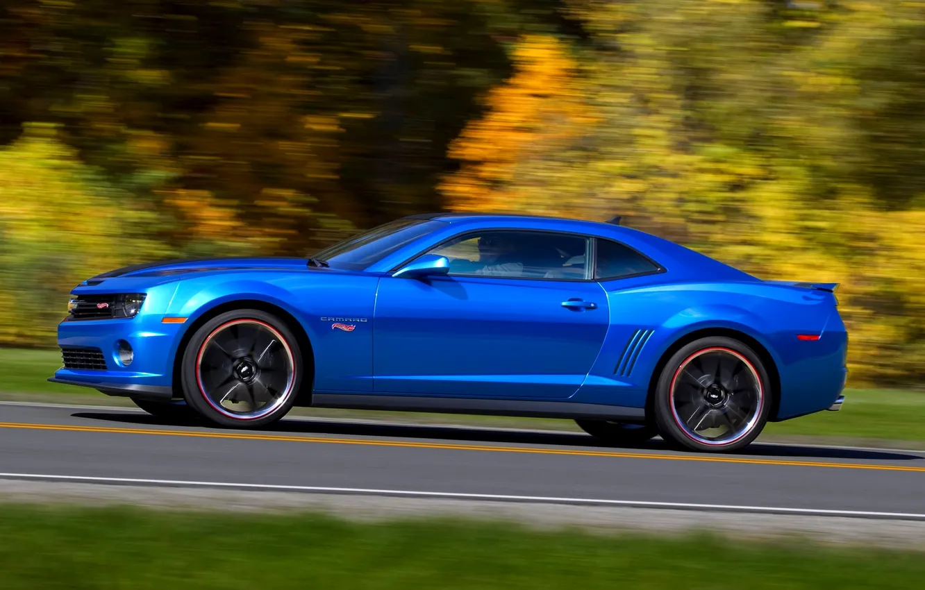 Photo wallpaper auto, blue, wheel, Chevrolet, Camaro, Chevrolet, side view, in motion