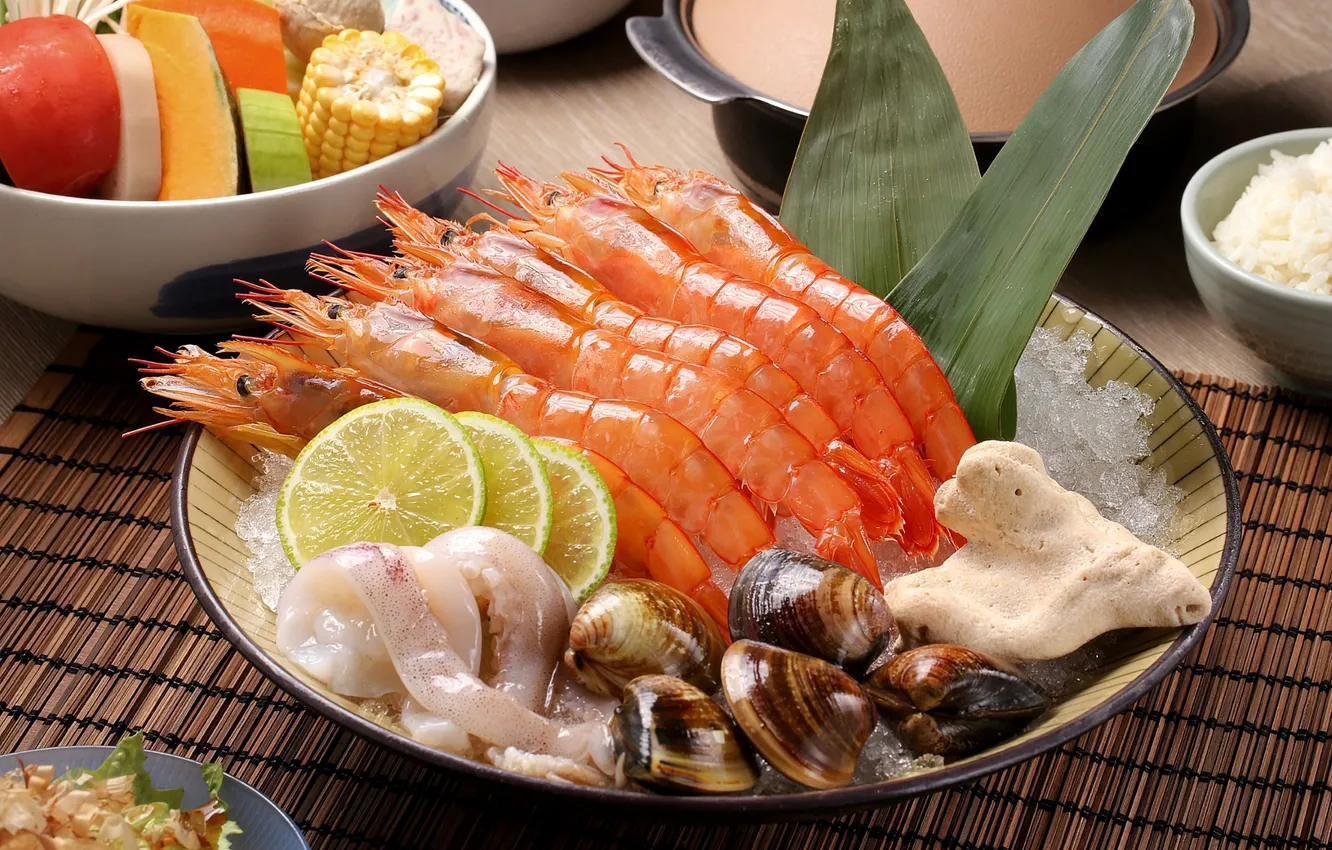 Photo wallpaper lemon, vegetables, shrimp, seafood, squid, shellfish