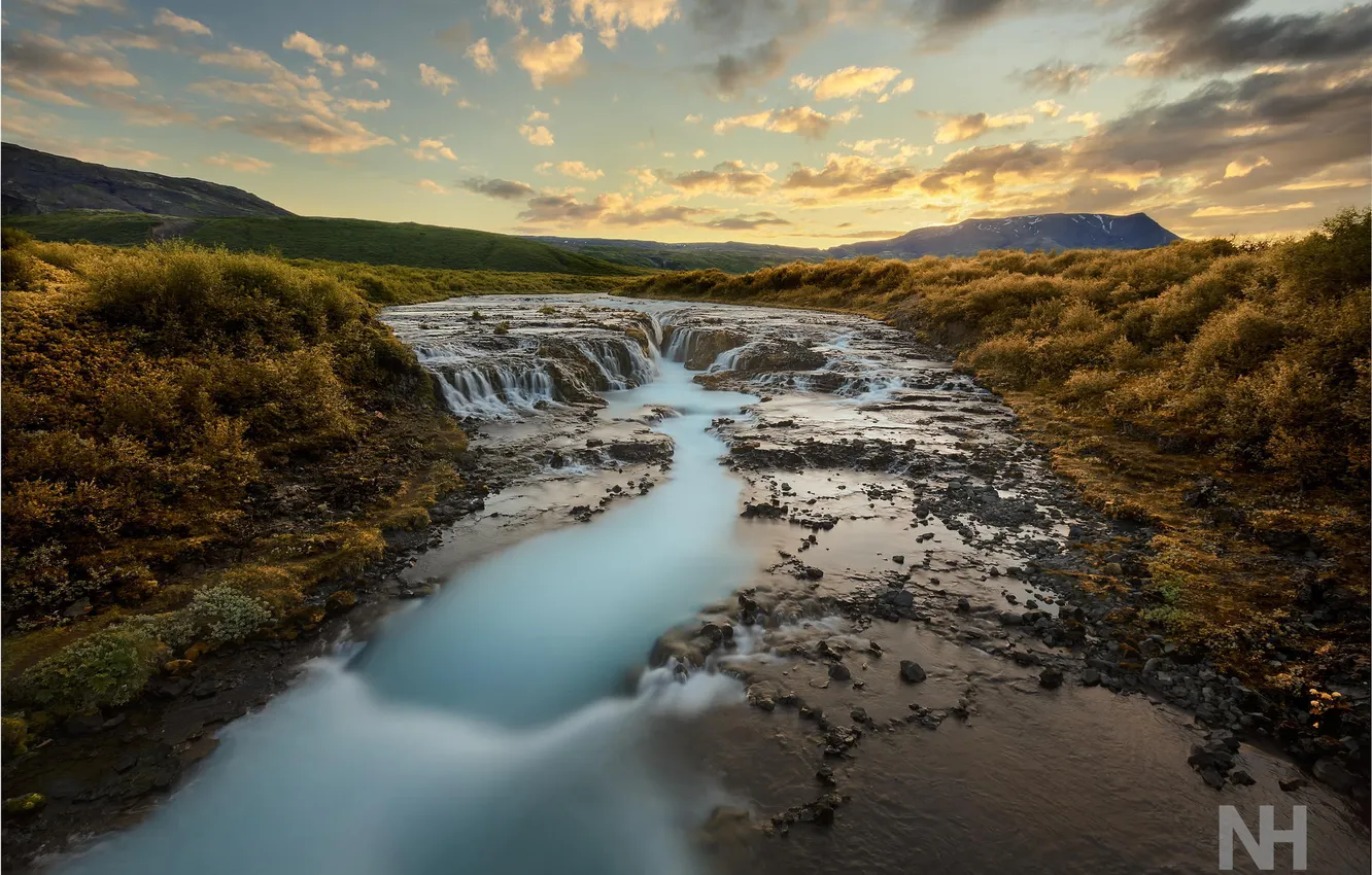 Photo wallpaper sunset, mountains, nature, river