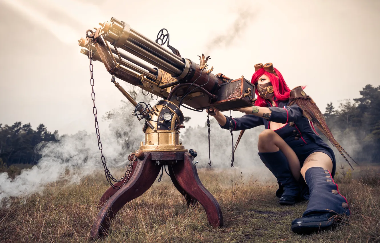 Photo wallpaper girl, face, hair, mask, steampunk, form, Steampunk, machine gun shooting