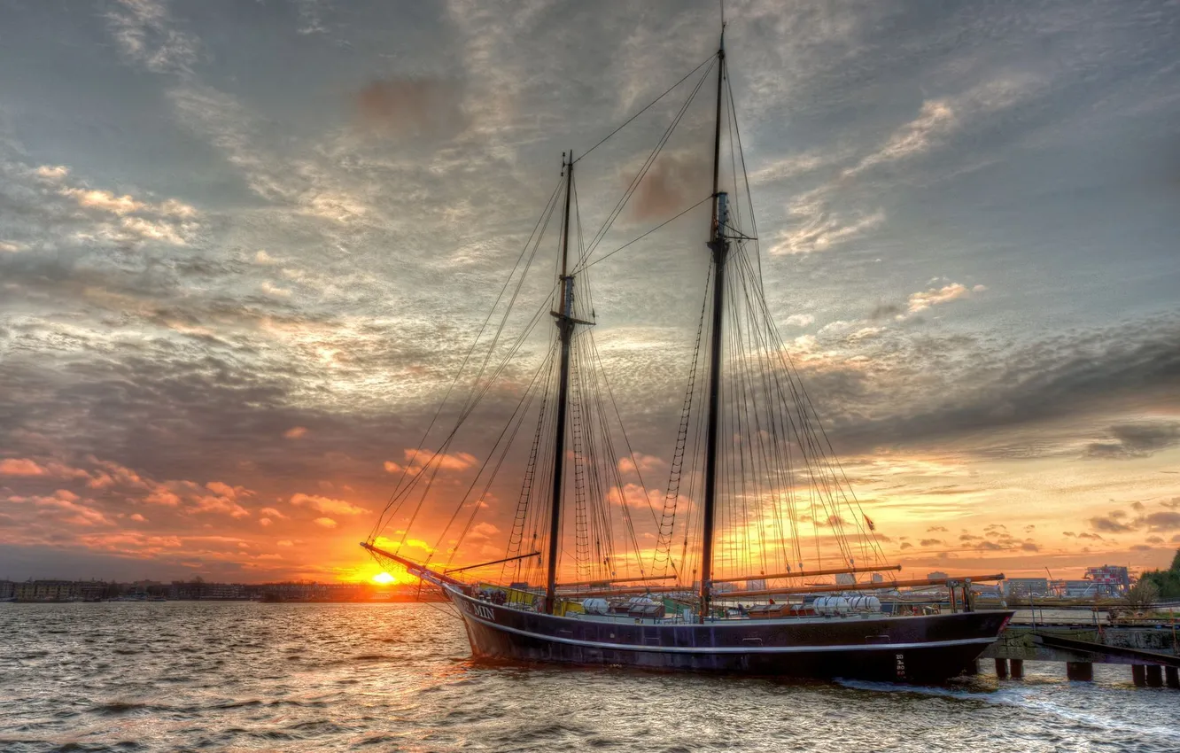 Photo wallpaper sunset, yacht, pier