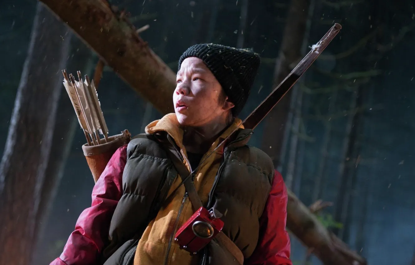 Photo wallpaper forest, Blizzard, trees, feathers, snow, boy, bow, Arrow