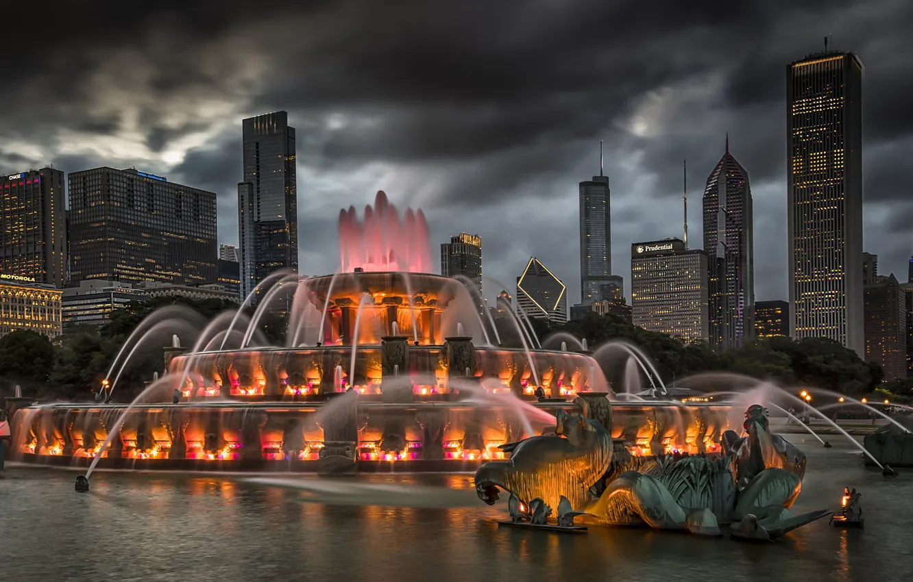Photo wallpaper backlight, Chicago, fountain, USA, Chicago, Buckingham Fountain