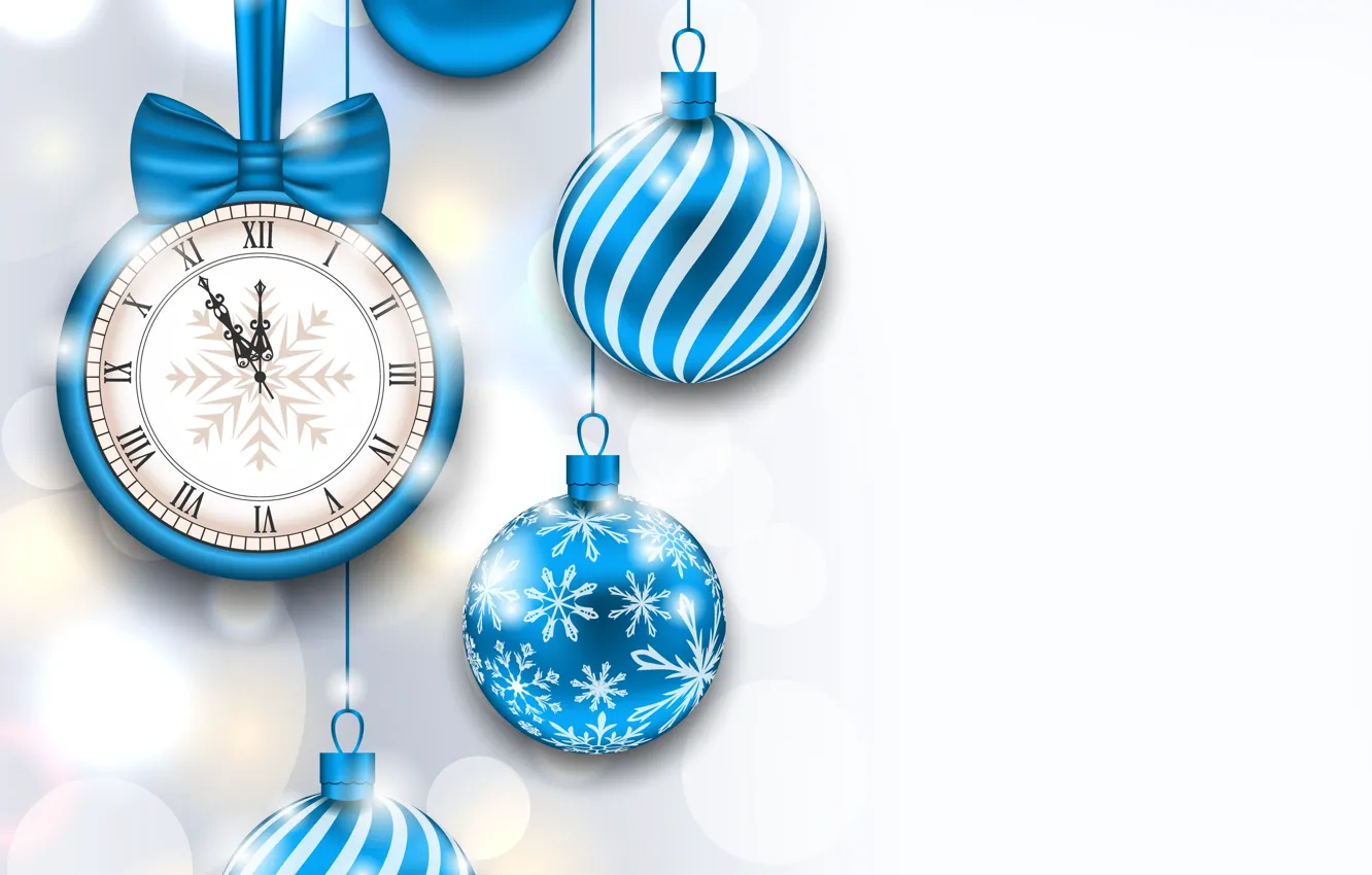 Photo wallpaper time, glare, background, holiday, balls, watch, new year, Christmas