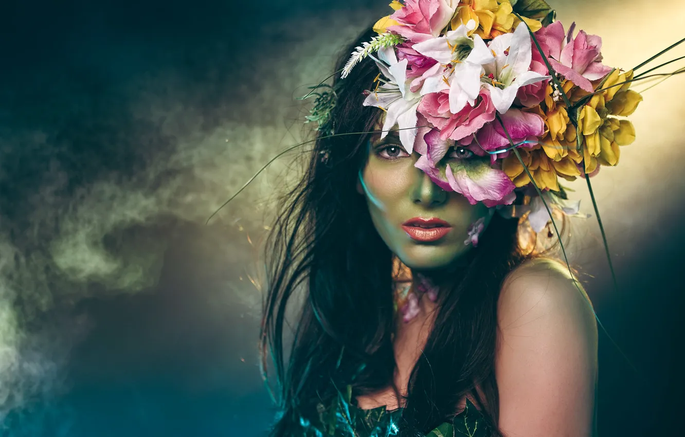 Photo wallpaper look, girl, flowers, face, style, background, hair, makeup