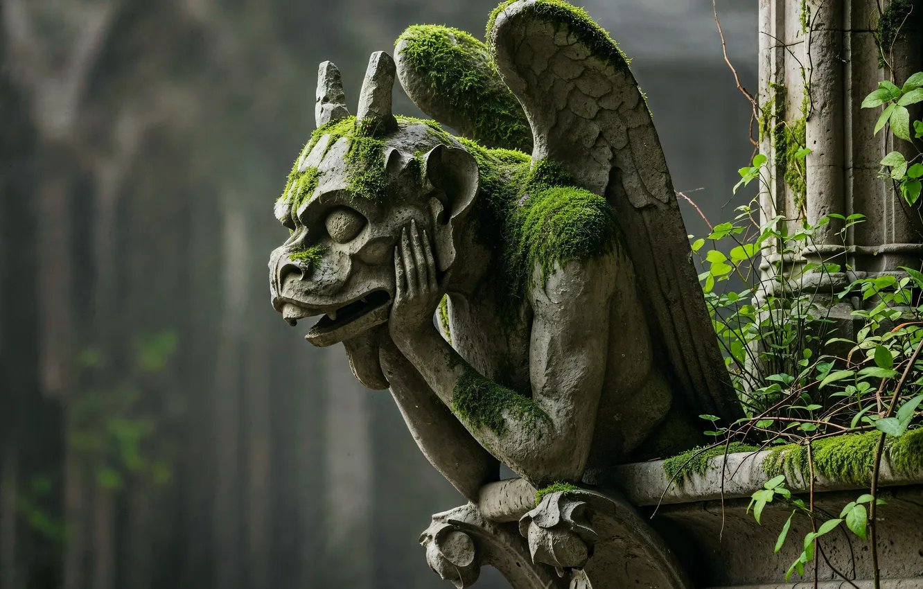 Photo wallpaper branches, moss, gargoyle, neural network