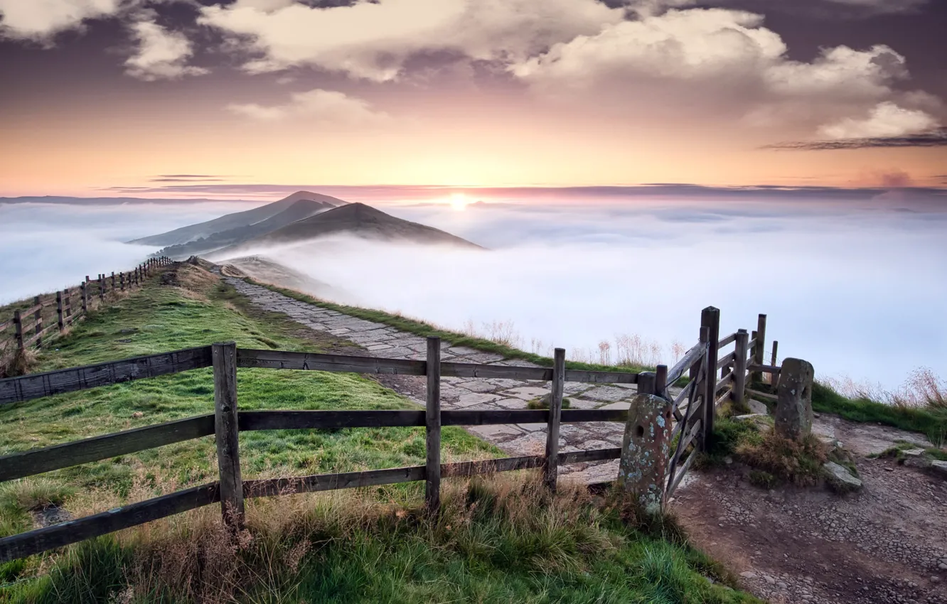 Photo wallpaper sunset, mountains, fog, the fence