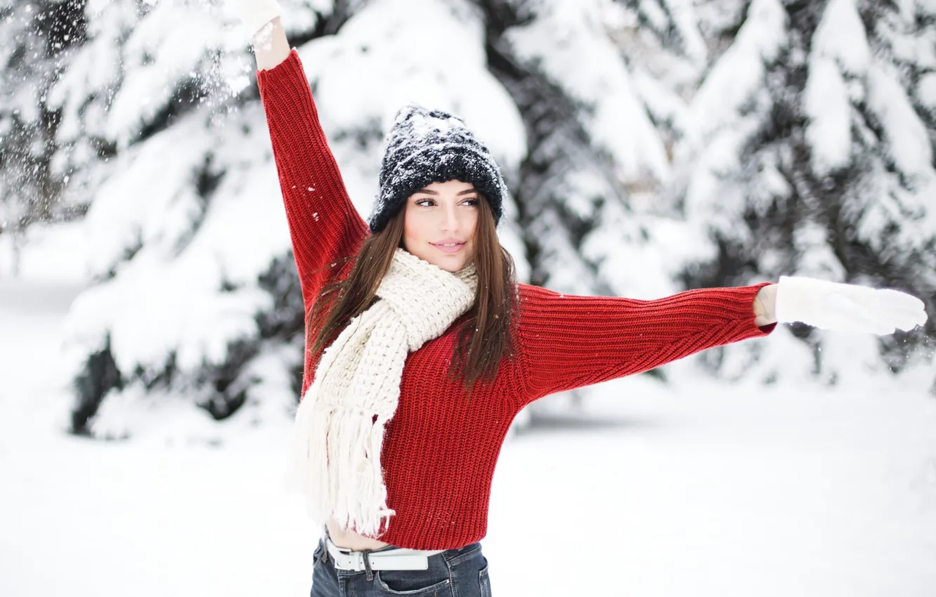 Photo wallpaper winter, look, snow, trees, pose, hat, Girl, hands