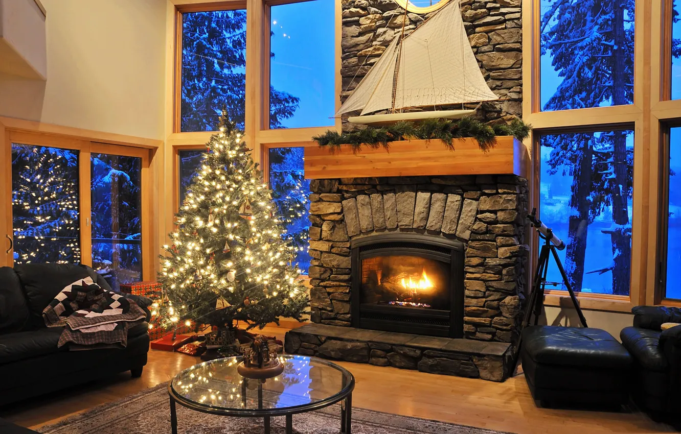 Photo wallpaper sofa, tree, window, Christmas, fireplace
